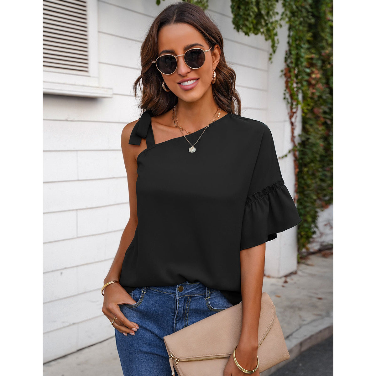 T-Shirt Women's Slash Neck Ruffle Sleeves Chiffon