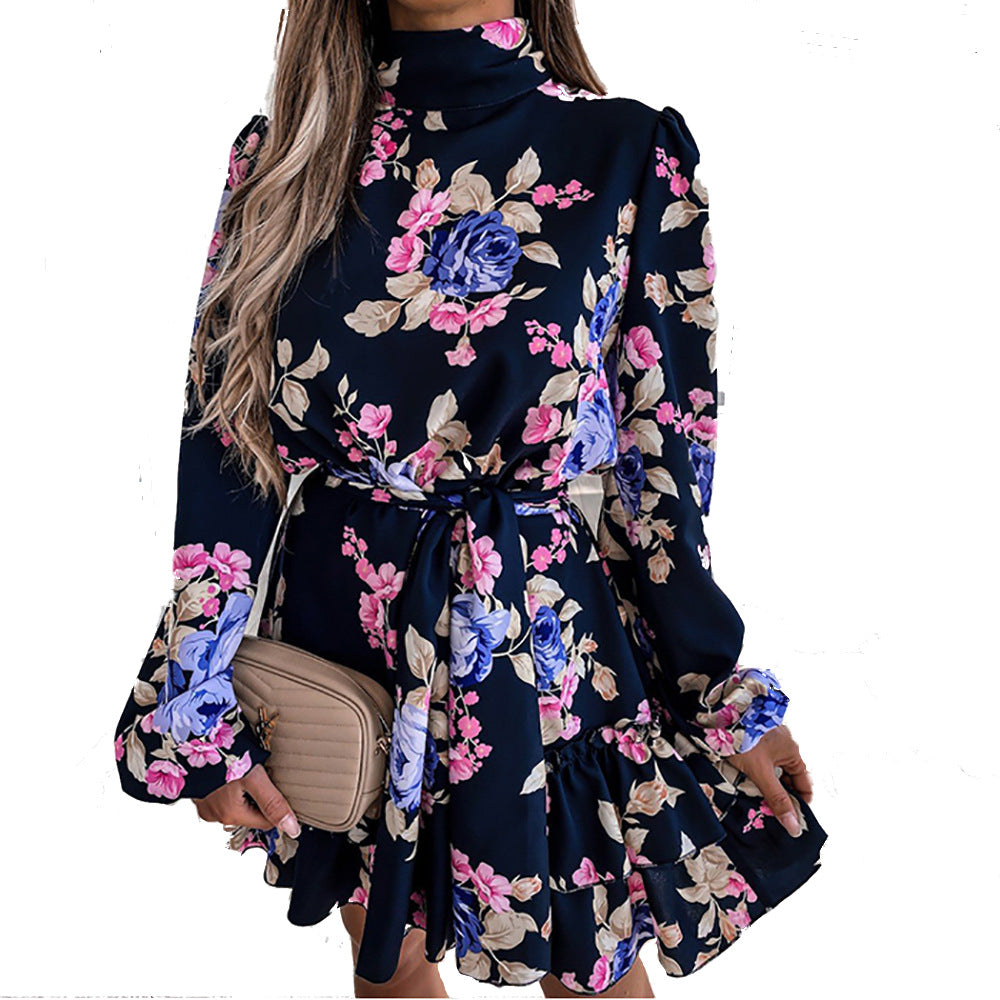 Autumn Trend Printing Long-sleeved High-neck Dress