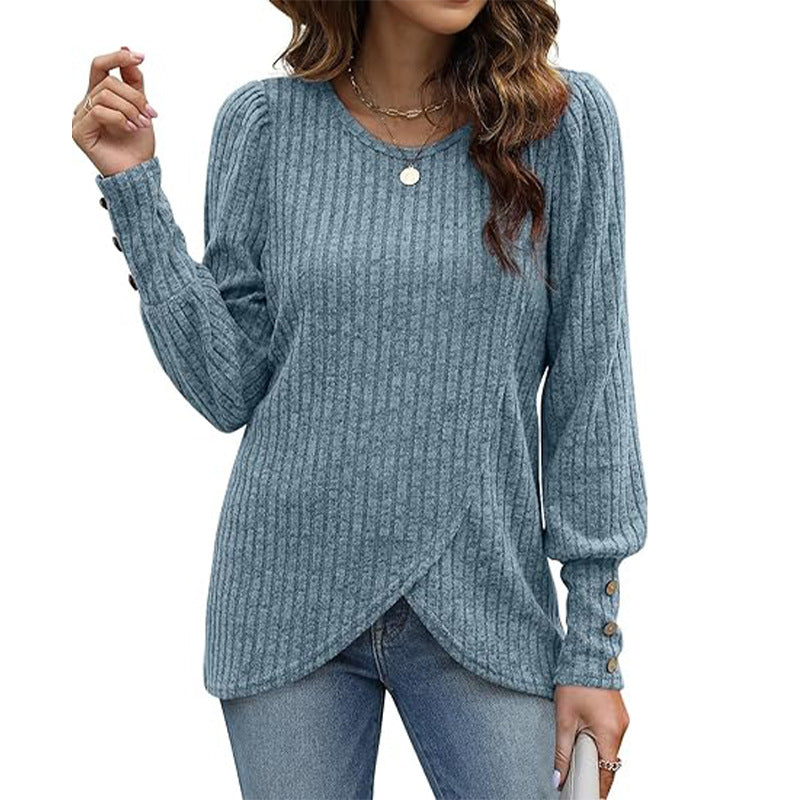 European And American Soft Bubble Long Sleeve Shirt Solid Color Round Neck Crossover Tops Women's Clothing