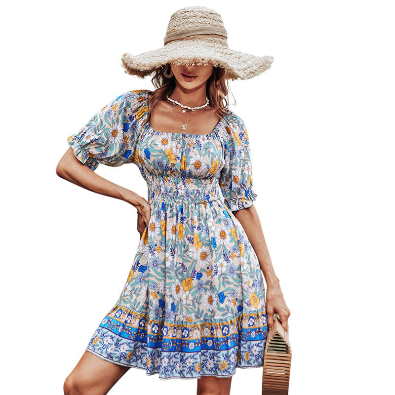 Square Neck Backless Short Sleeve High Waist Print Dress