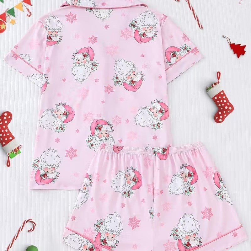 Cute Cartoon Pajama Set With A Turn-down Collar Short Sleeves