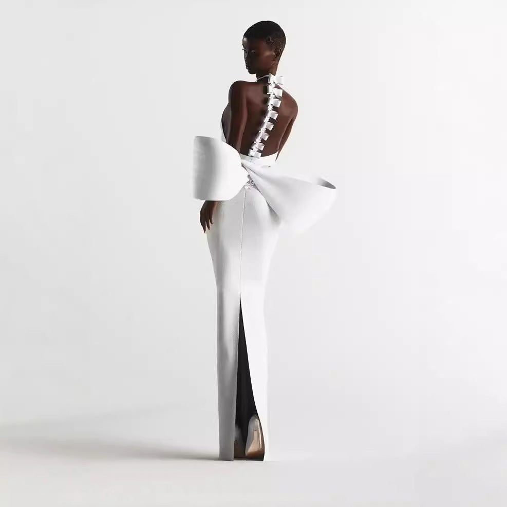 Sexy Round Neck Backless Bow White Bandage One-piece Dress