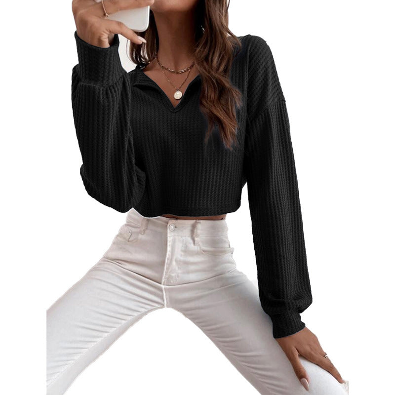 New Women's V-neck Solid-color Cropped Long-sleeve T-shirt
