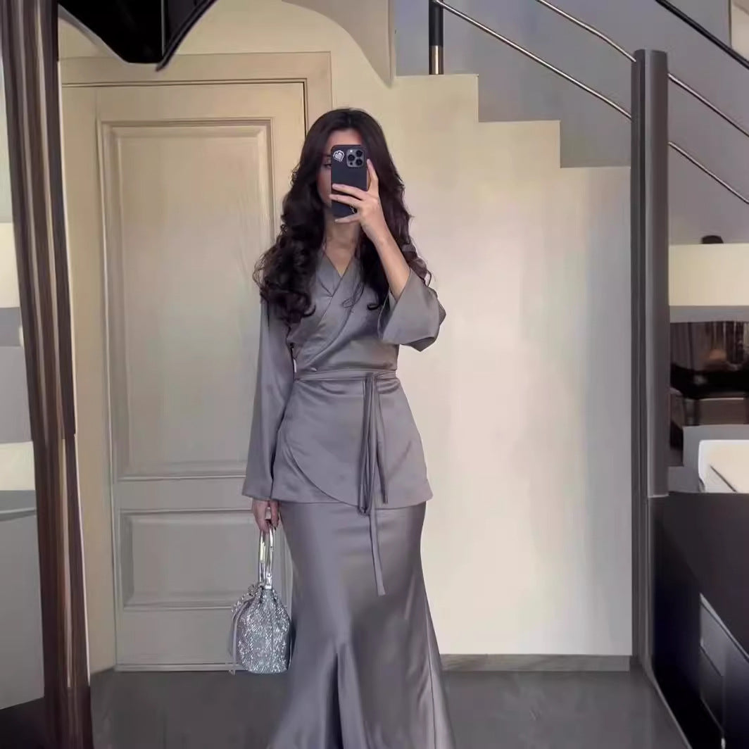 Fashion Satin Patchwork Long Dress Suit Women