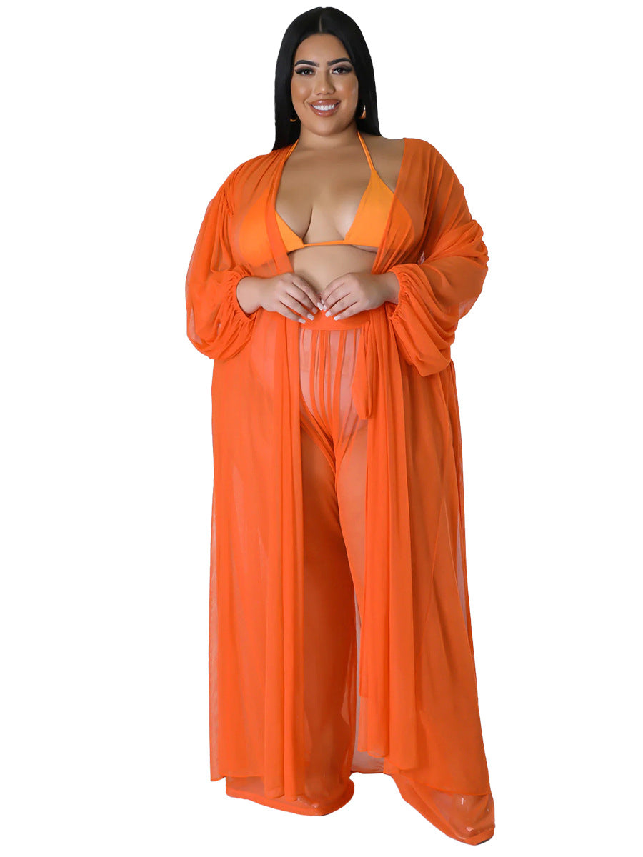 Women's Solid-Color Batwing-Sleeve Sexy Sheer Top And Pants Plus-Size Two-Piece Set
