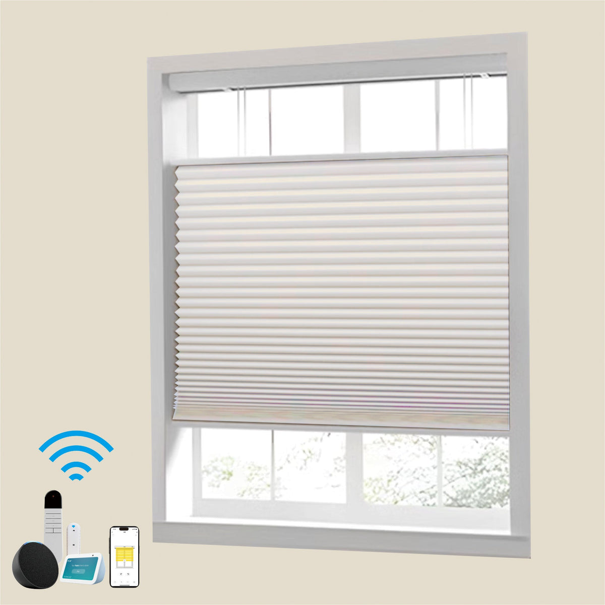 Raised Flag Day-Night Shade With Remote Control And Solar Panel-Full Blackout Motorized Shades For Home And Office-Cordless Organ Shade-Cordless Cellular Shade-Khaki
