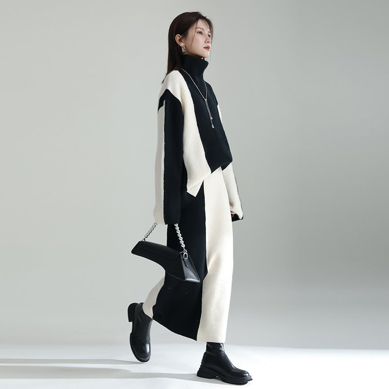 Black And White Color Contrast Patchwork Sweater Skirt Suit