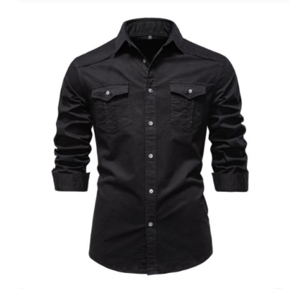 Men's Long-sleeved Denim Shirt Casual Solid Button Slim Tops Clothing