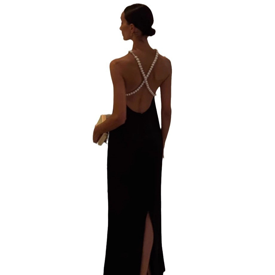 French Sexy Black Premium Halter Backless Dress Birthday Party