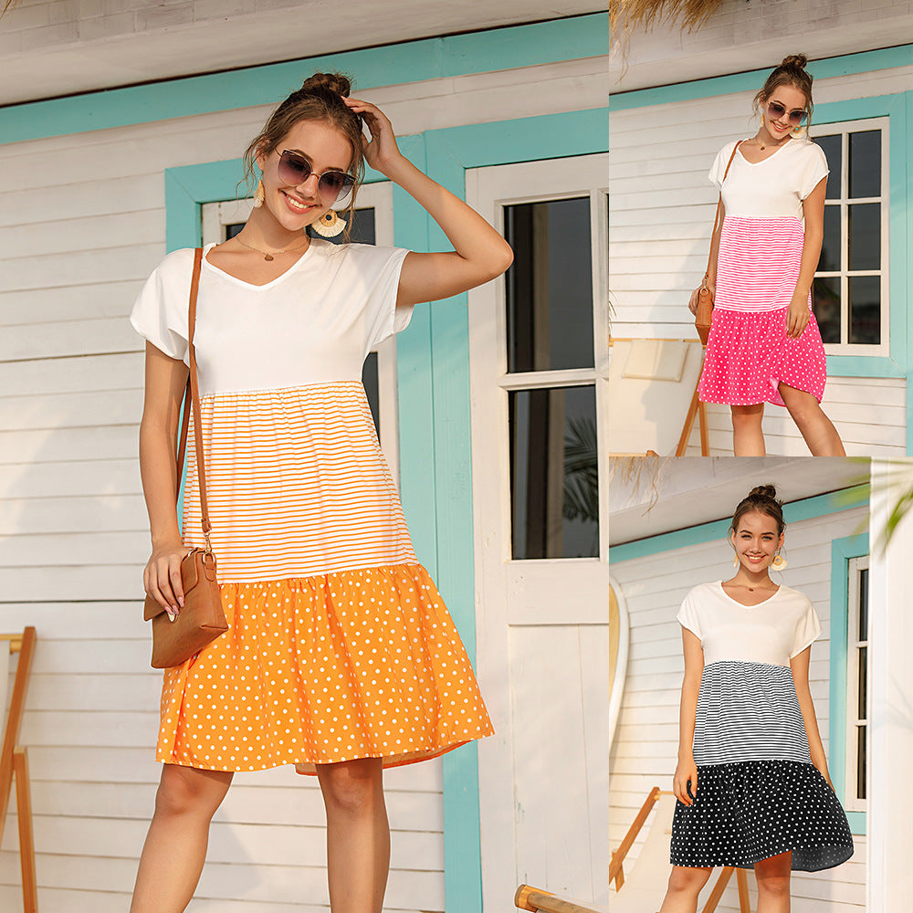 Patchwork Polka Dot V-Neck Short Sleeve Dress Women's