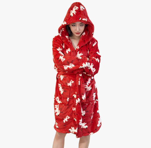 Flannel Hooded Loungewear Robe, Printed Cartoon Bathrobe