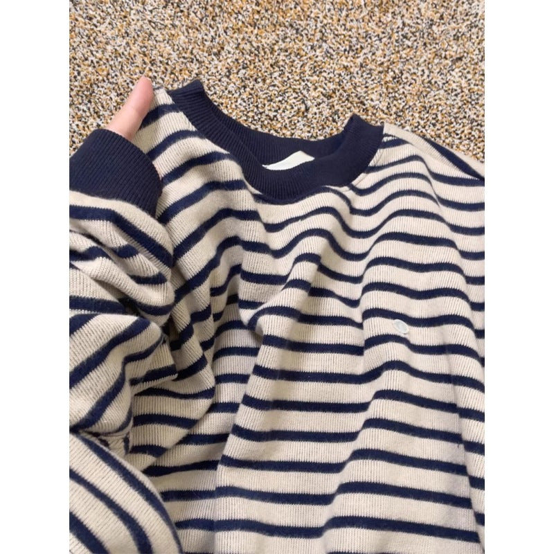Women's American-style Blue Striped Round Neck Loose T-shirt