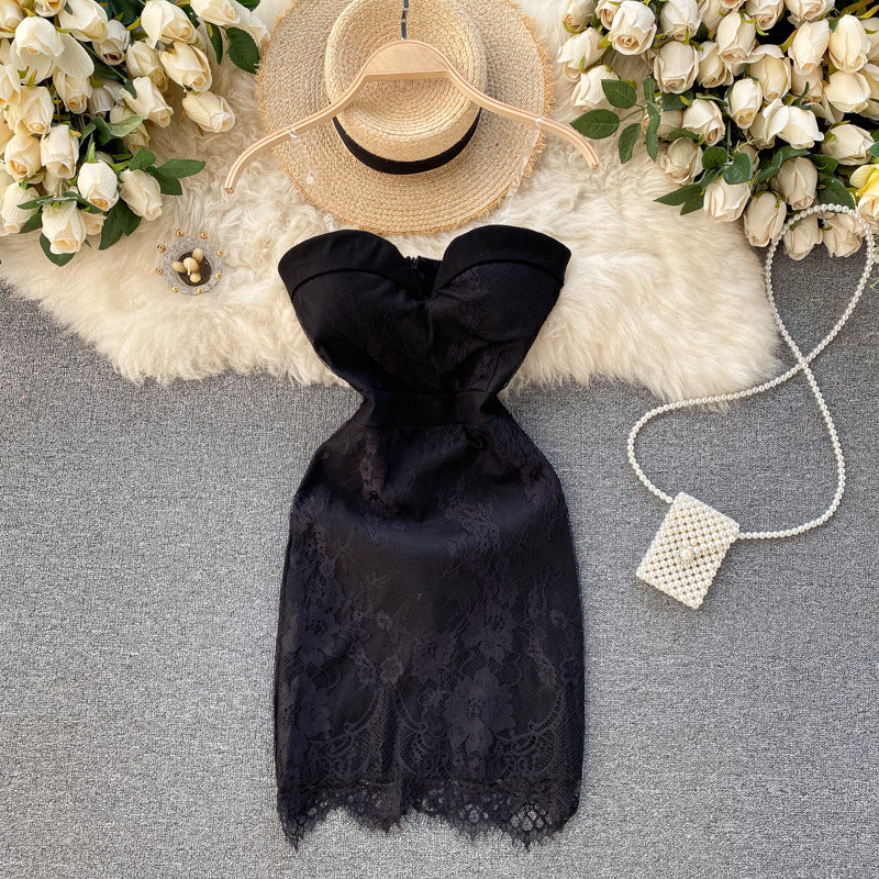 V-neck Padded Backless Tube Top Lace Dress