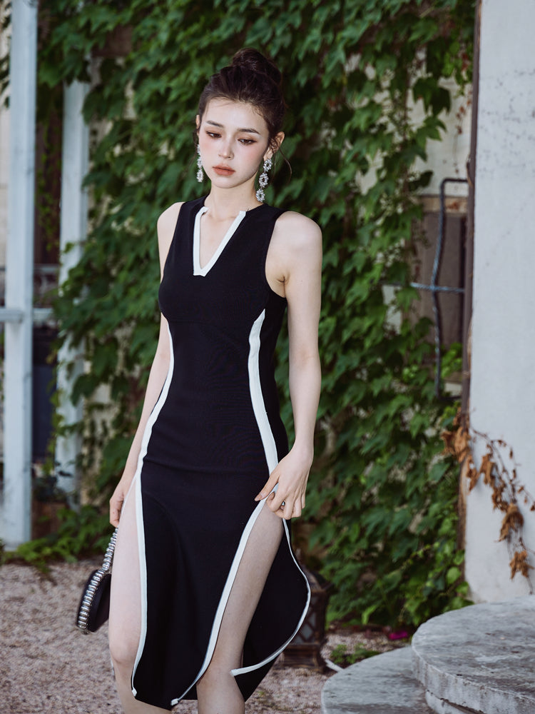 New Black And White Stitching Dress V-neck Long Formal Dress