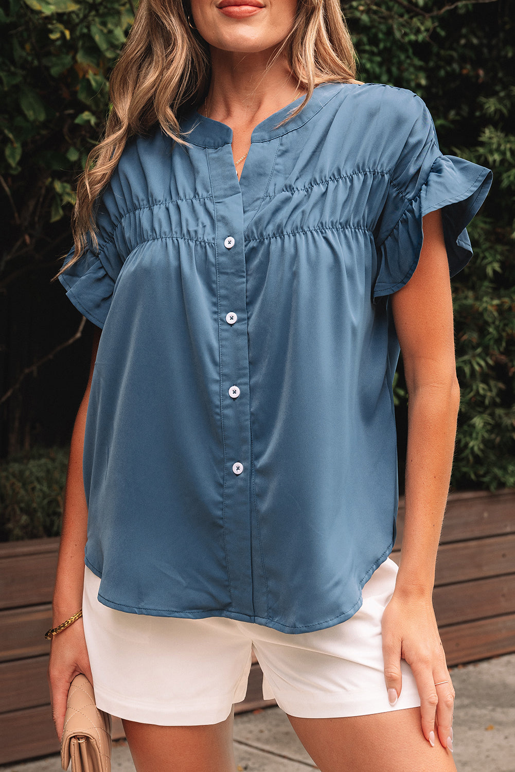 Real Teal Solid Color Ruffle Ruched Short Sleeve Buttoned Shirt