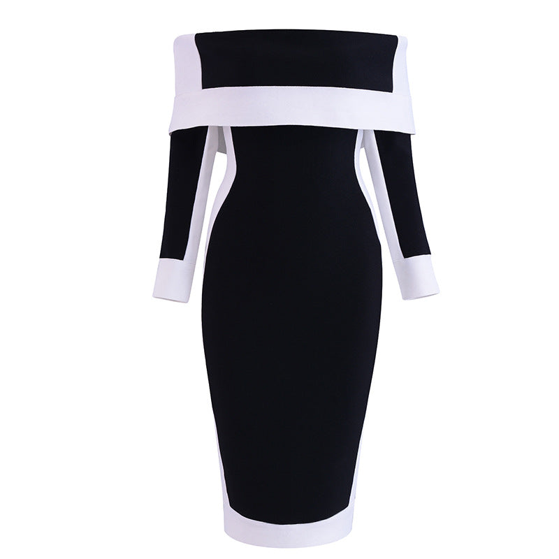 Color Contrast Patchwork Simple Off-shoulder Midi Dress White Dress