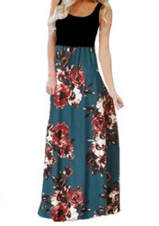 11 Color Sexy Sleeveless Round Neck Printed Patchwork Dress For Women