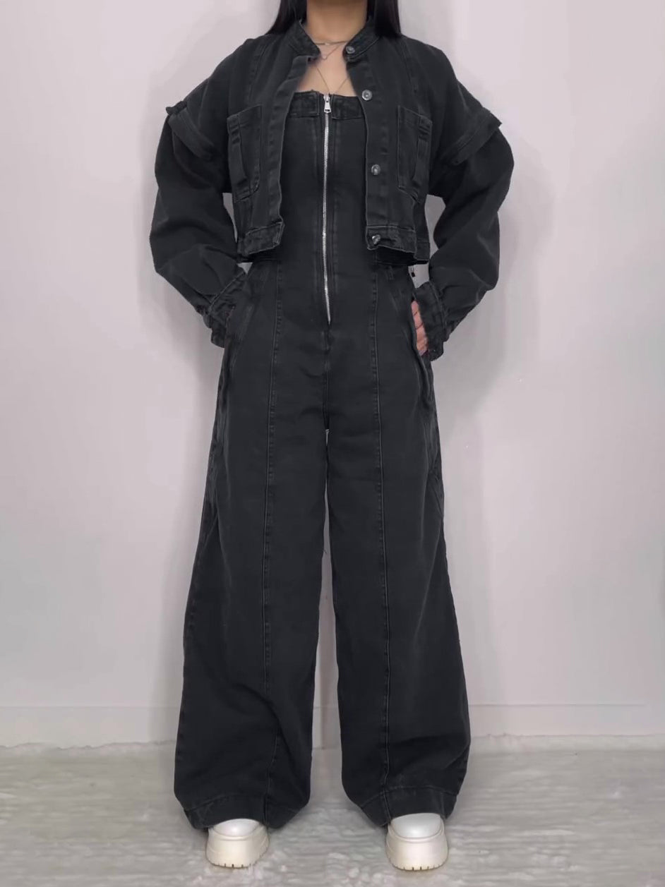 Denim Bandeau Zipper Jumpsuit & Jacket Set