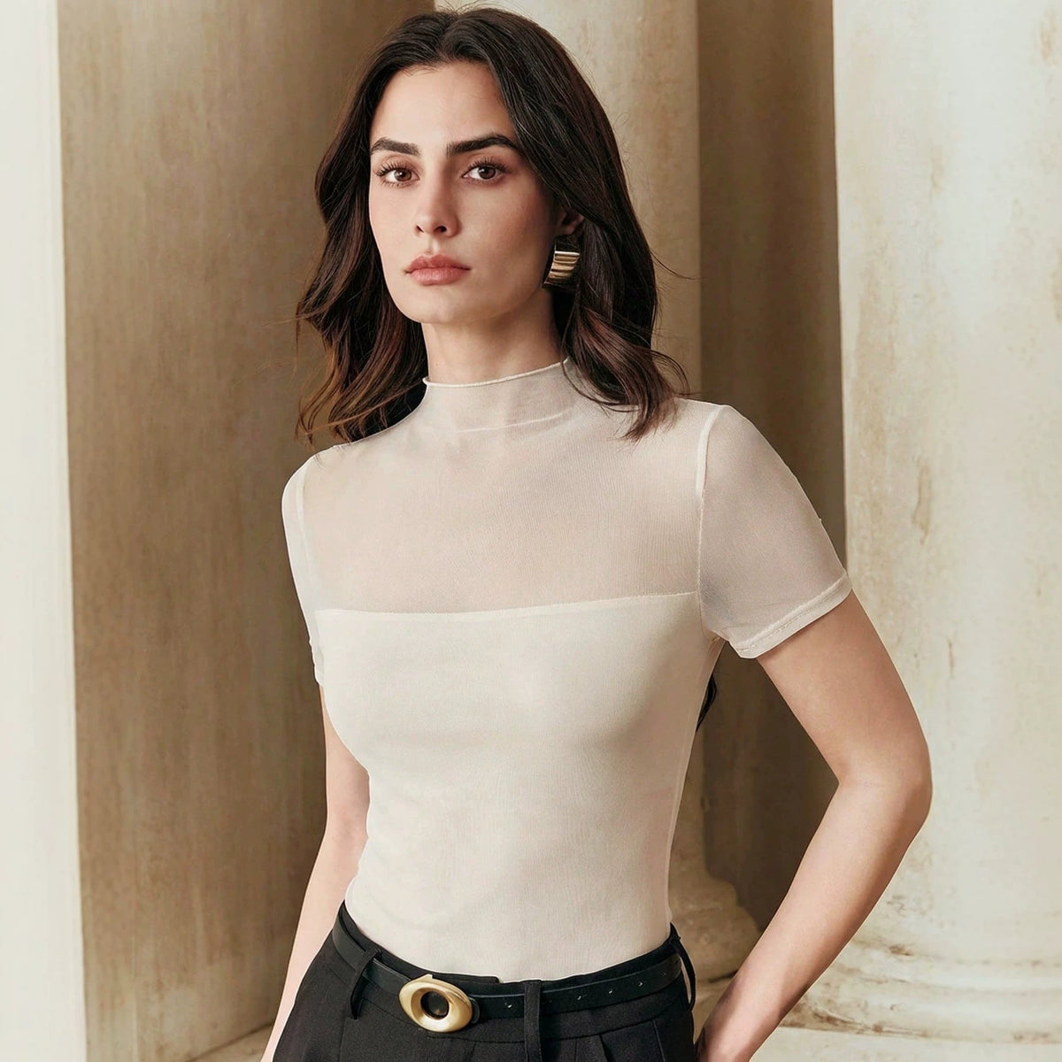 Solid-color Mesh Patchwork Spicy Chic Figure-flattering Sheer Short Sleeves
