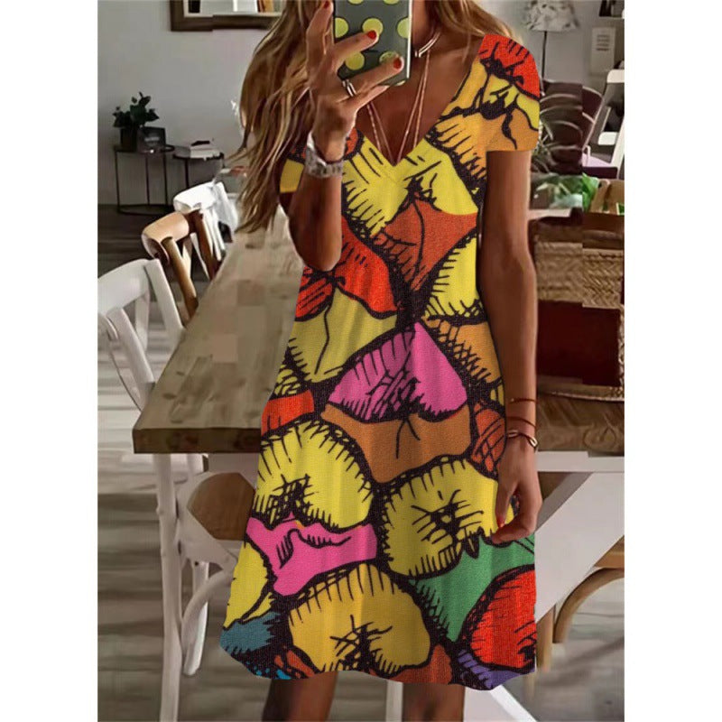 Summer V-neck Short Sleeve Women Dress