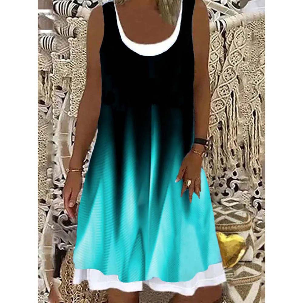 Women's Printed Patchwork Round Neck Sleeveless Pleating Dress