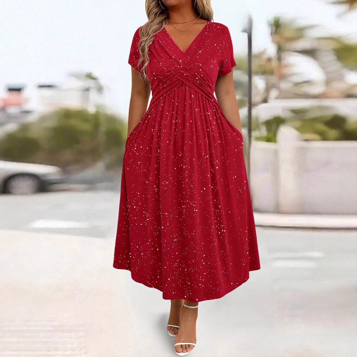 Waist Cinching Elegant Dress With A Vneck Shimmering Powder Finish Twisted Ribbon Detailing And Pocket Design