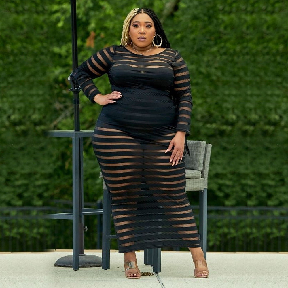 Round Neck Black See-through Mesh Cut-out Dress For Women