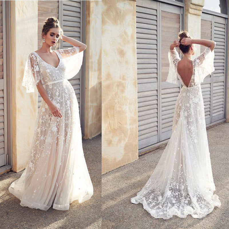 New White Lace V-Neck Backless Dress