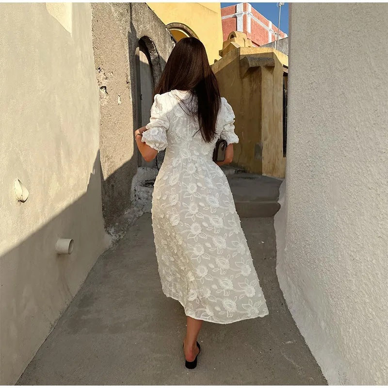 V-neck Puff Sleeve Dress White Embroidered Women