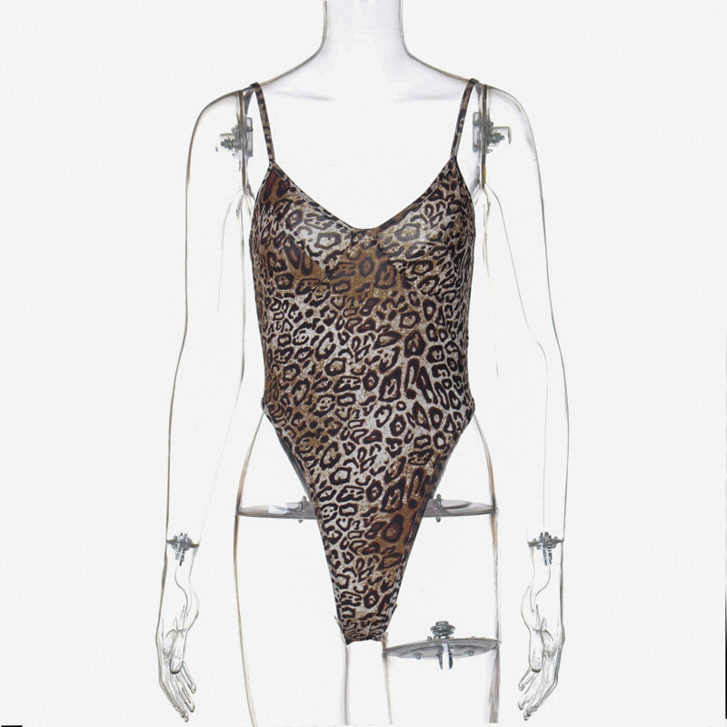Women's Summer Leopard Print V-neck Sling Backless Bodysuit
