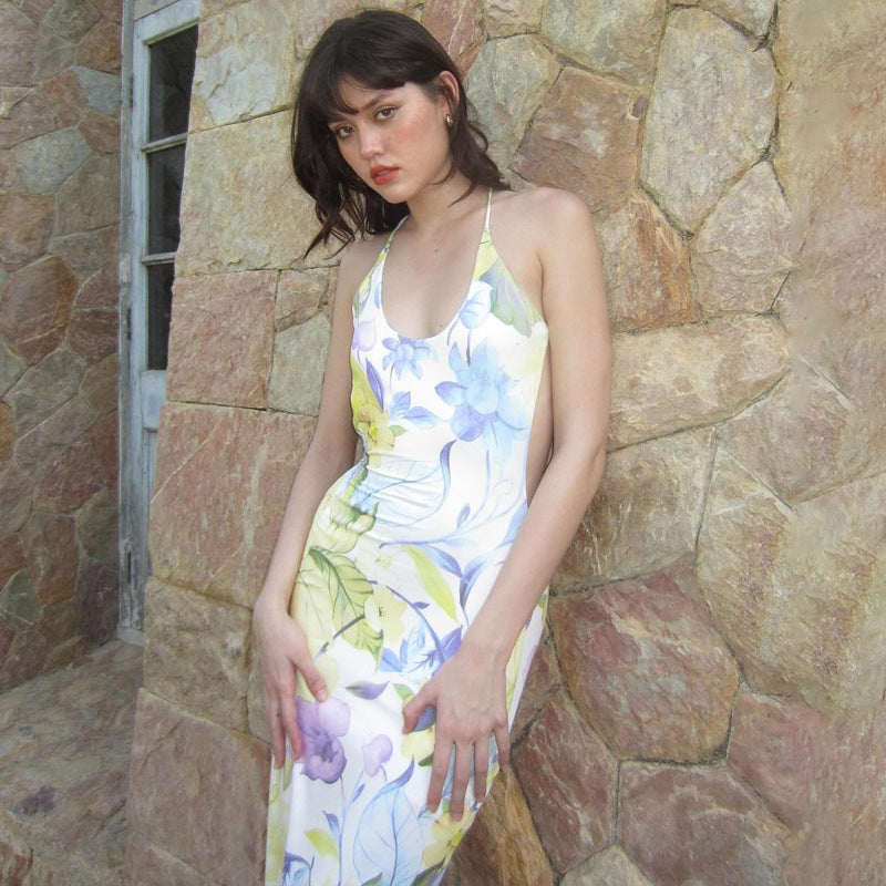 Fashion Printed Sexy Backless U-neck Slim Strap Dress