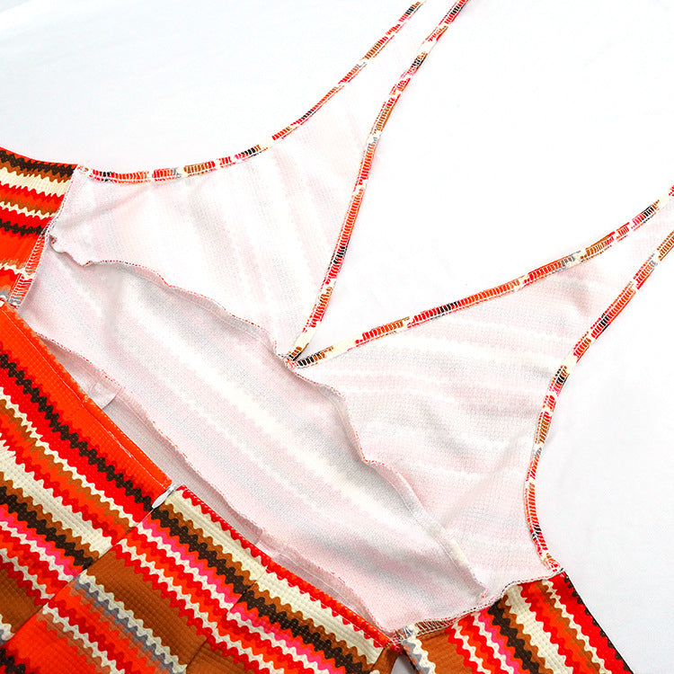 Colorful Striped Lace-Up Backless V-Neck Dress