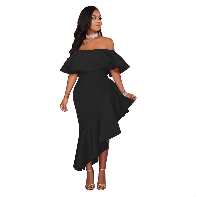 One-line Neck Ruffled Backless Ladies Dress Dress Long Skirt