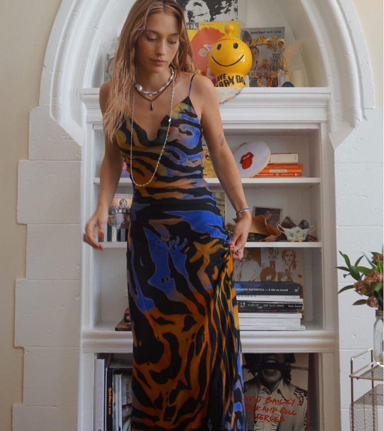 Summer New Fashion Sexy Printed Backless Sling Dress