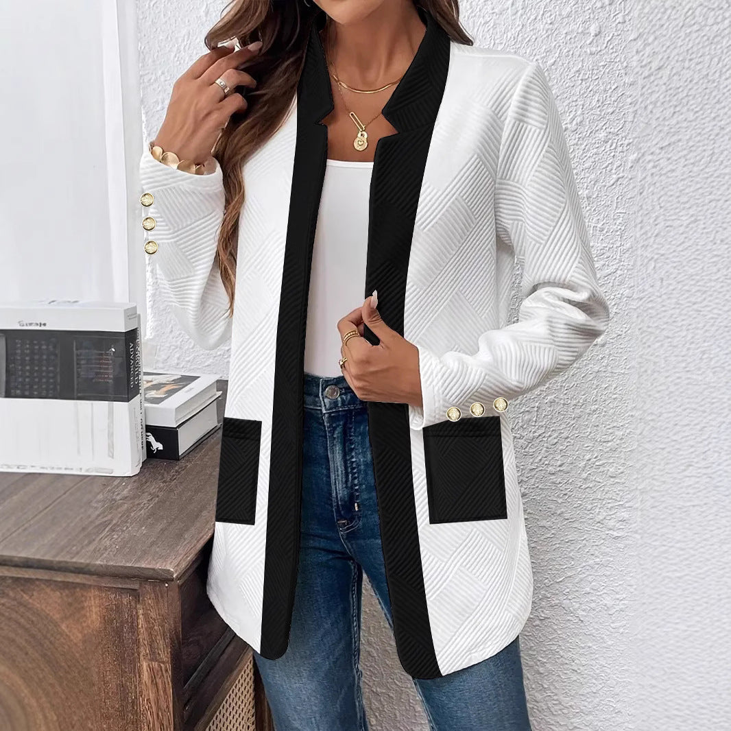 Black And White Patchwork Color Pocket Metal Buckle Suit Jacket