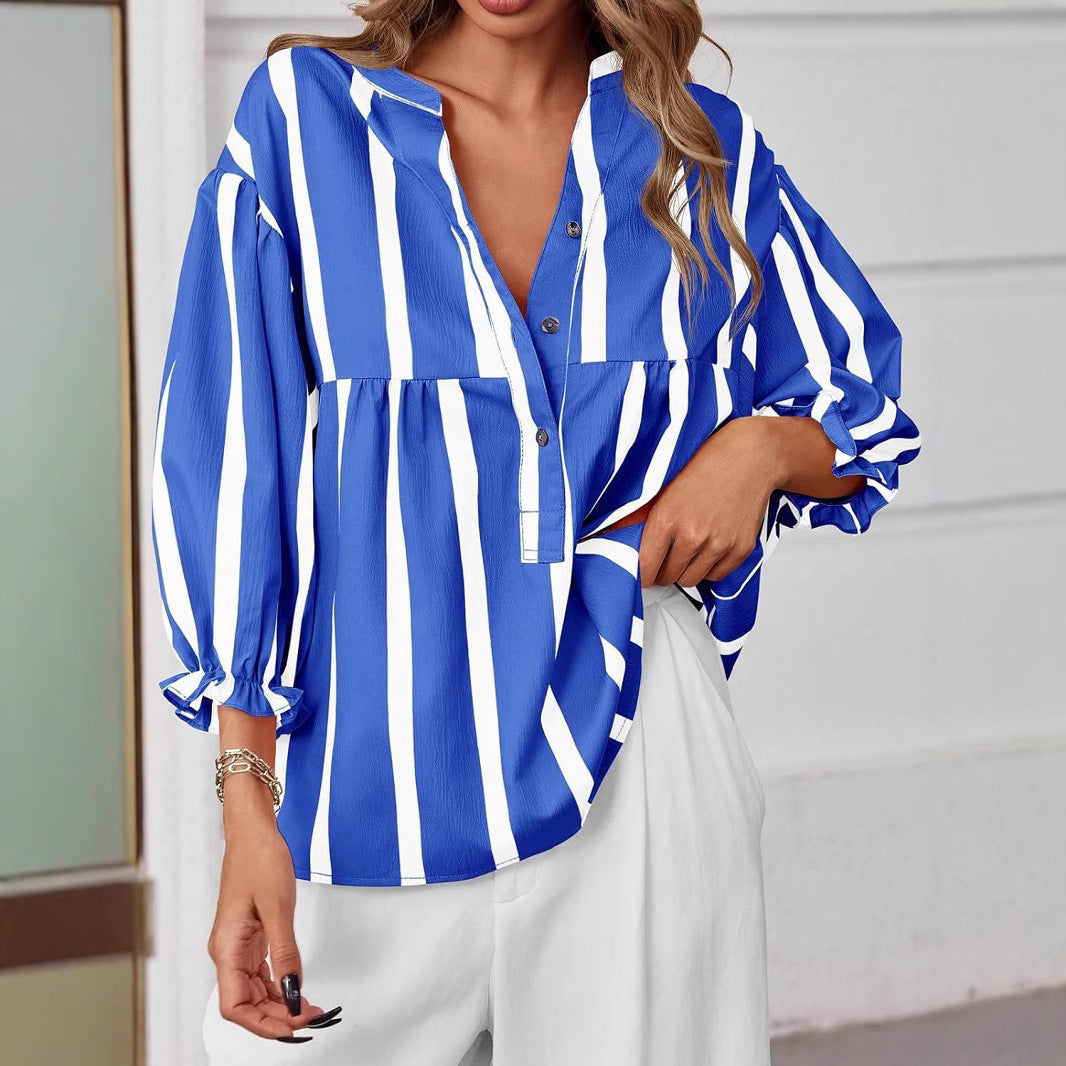 Women's Striped Puff Sleeve Top | Loose Fit Long Sleeve Pullover