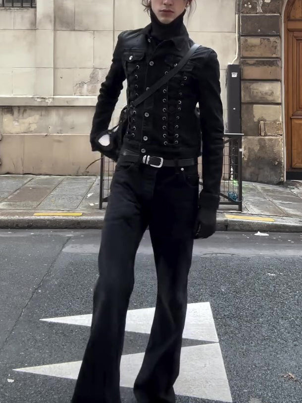 Black Lace-Up Deconstructed Denim Jacket