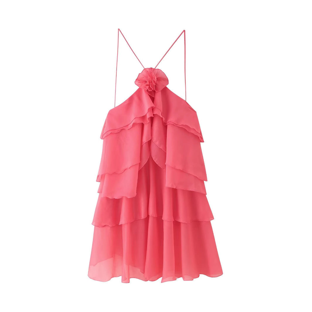 Fashion Three-dimensional Flower Decoration Laminated Ruffled Halter Dress