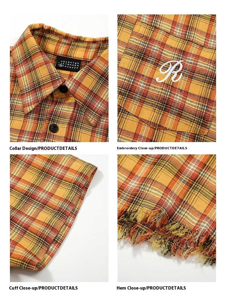 American Embroidery Pocket Yellow Short Sleeve Plaid Shirt Men And Women