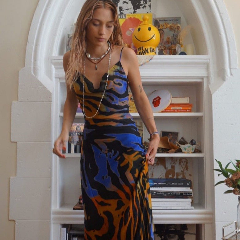 Summer New Fashion Sexy Printed Backless Sling Dress