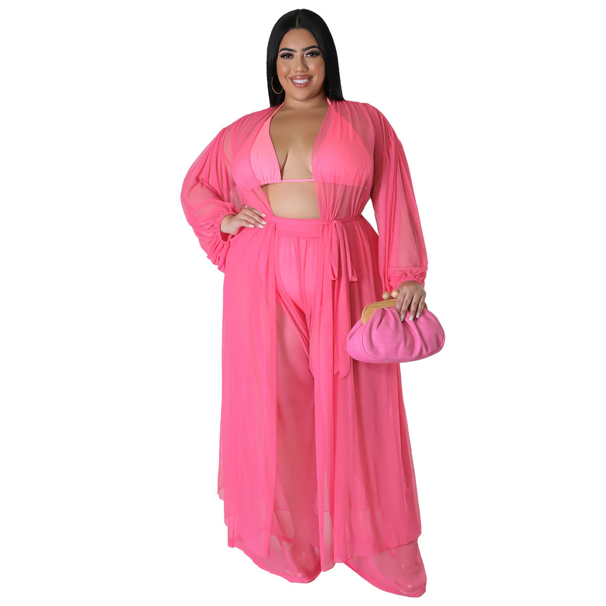 Women's Solid-Color Batwing-Sleeve Sexy Sheer Top And Pants Plus-Size Two-Piece Set