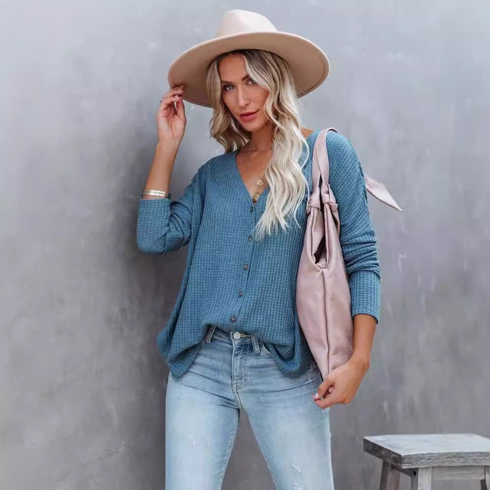 Long Sleeve Button Loose Top T-shirt