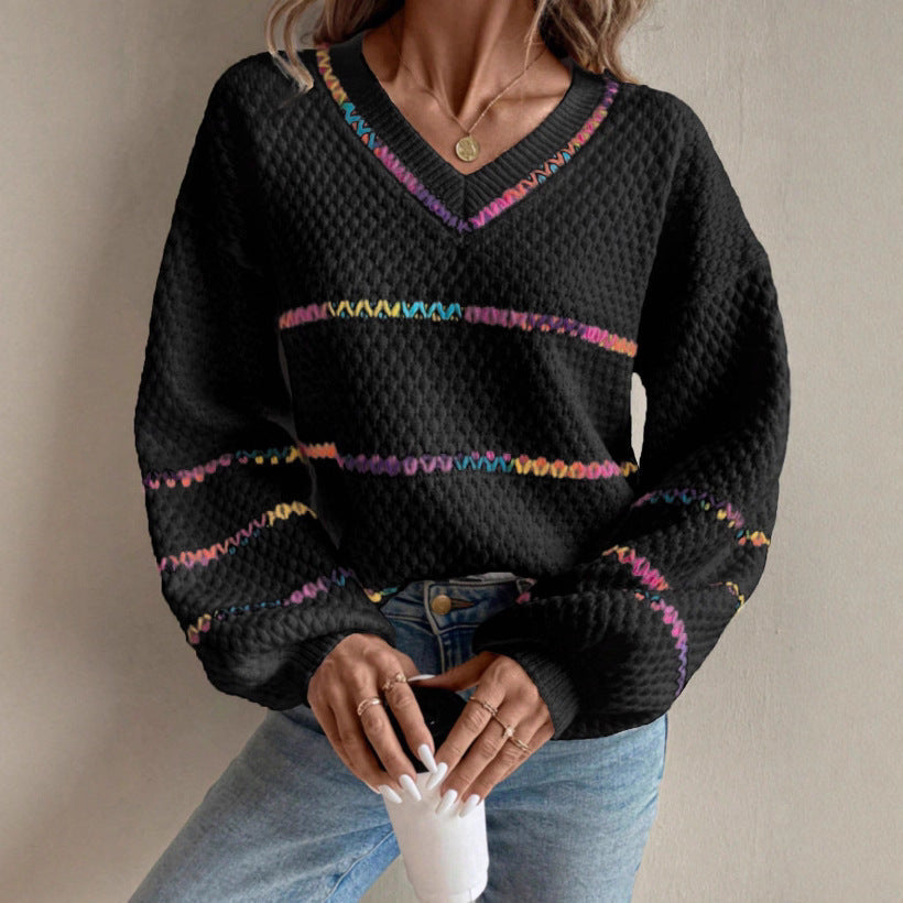 V-collar Contrast Color Women's Long Sleeve Pullover Loose Sweater