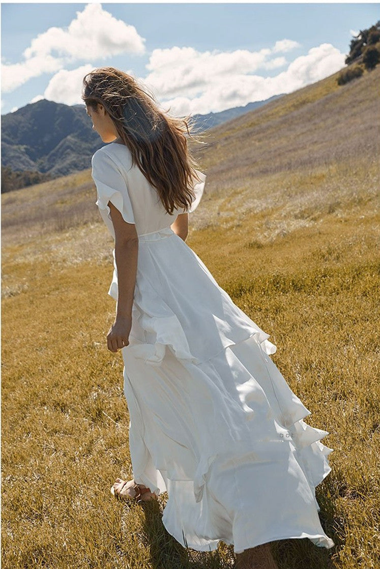 Short Sleeve Floor-Length V-Neck Patchwork Plain White Dress