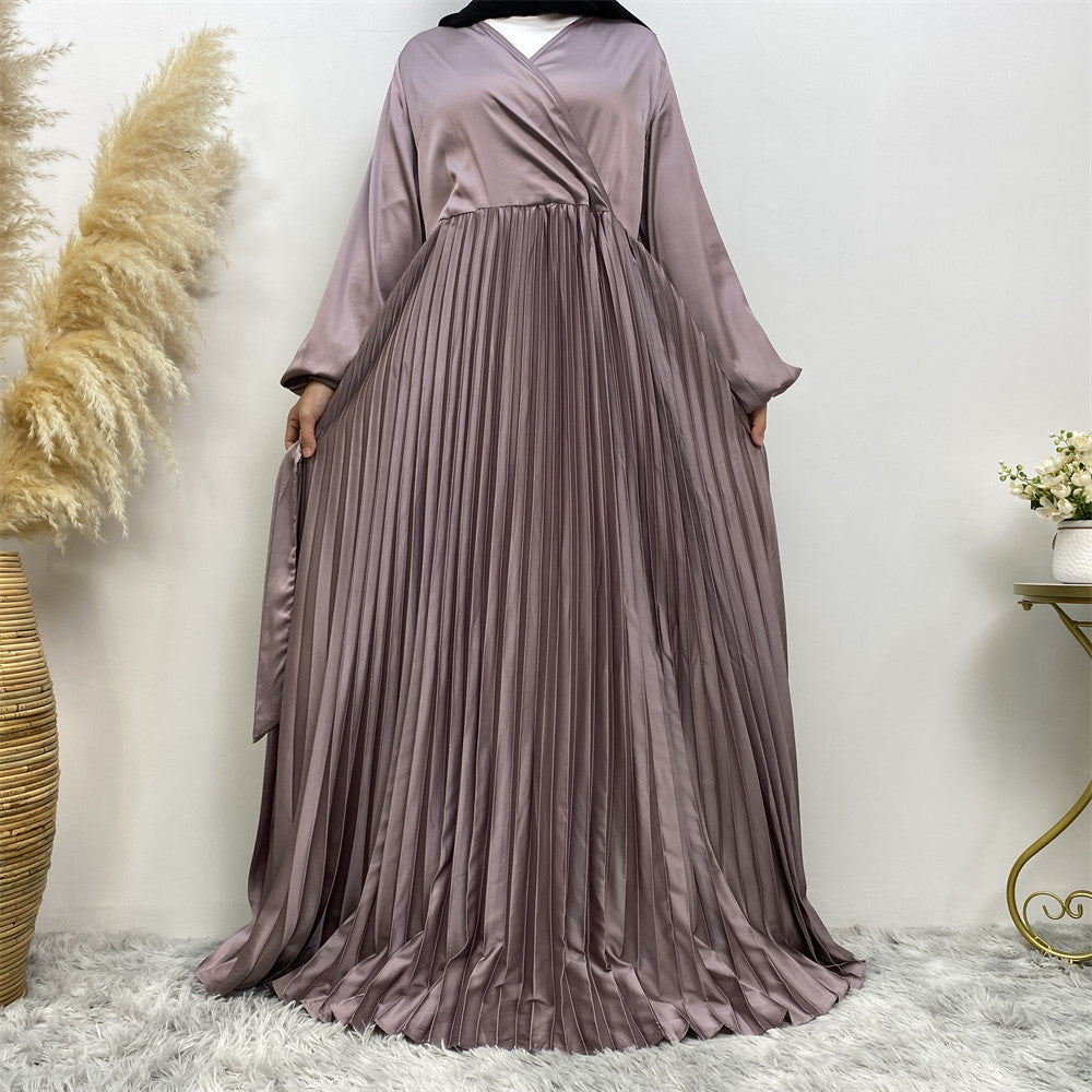 Fashionable V-neck Patchwork Pleated Large Hem Dress