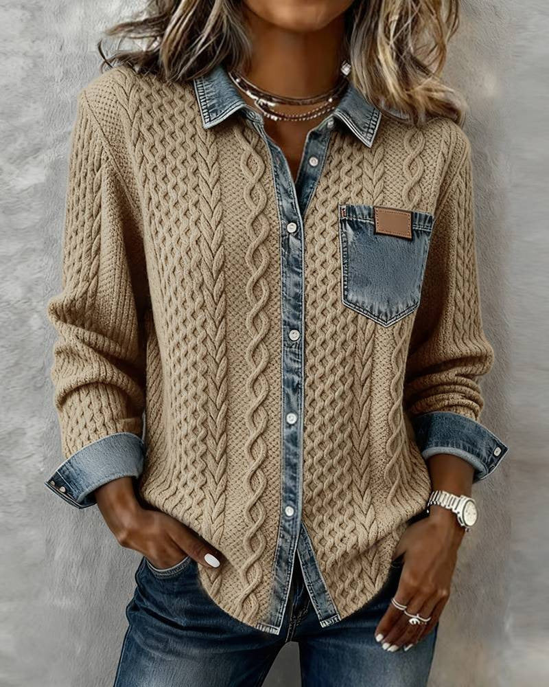 Women's Knit & Denim Patchwork Shirt | Loose Fit Casual Top