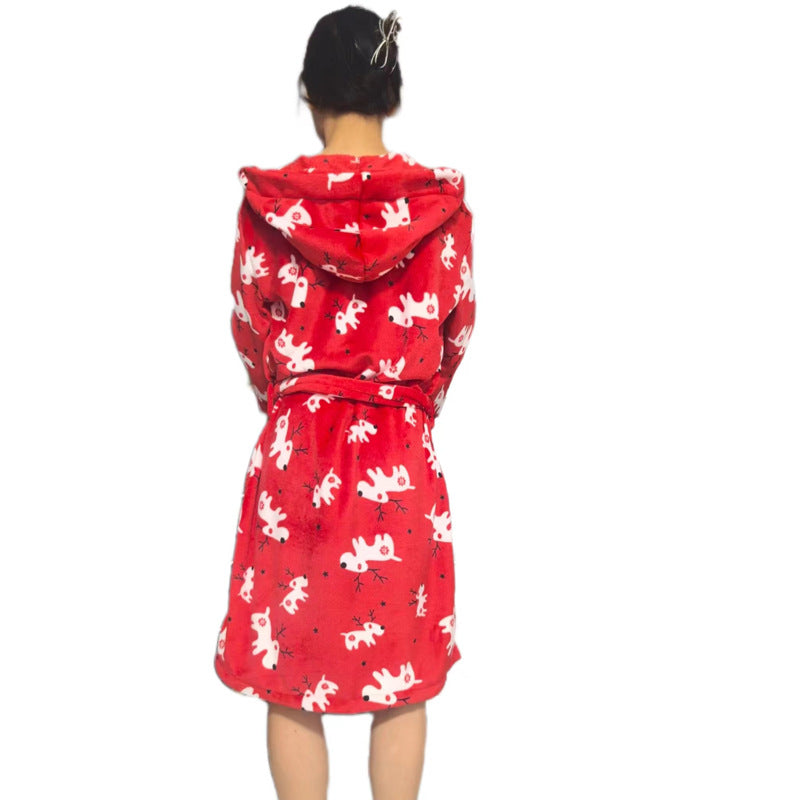 Flannel Hooded Loungewear Robe, Printed Cartoon Bathrobe