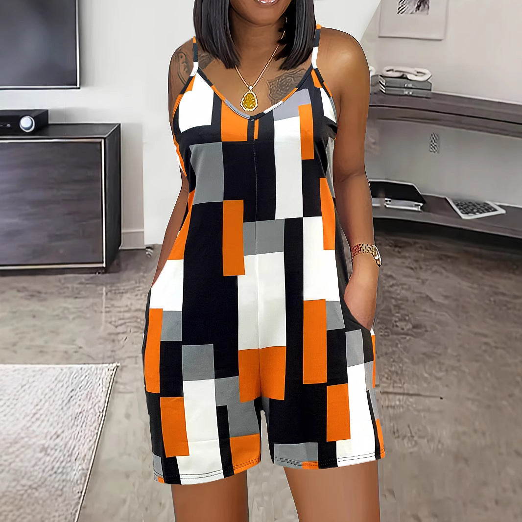 Contrast Color V-neck Sleeveless Inner Pocket Jumpsuit