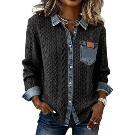 Women's Knit & Denim Patchwork Shirt | Loose Fit Casual Top