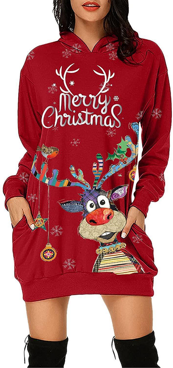 Women's Long-sleeved Sweater Dress Autumn New Christmas Print Hooded Skirt